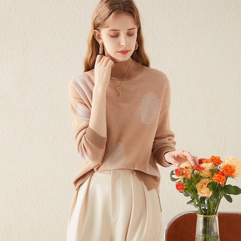 TUHUANG Women's Thickened Pure Wool Color-Block Semi-High Collar Knit Sweater