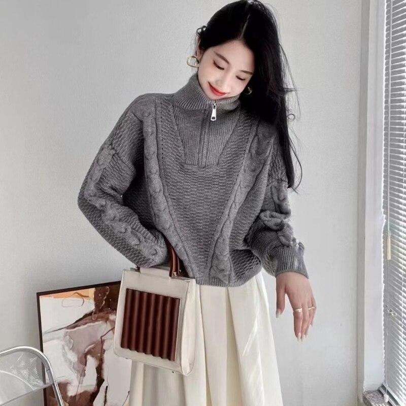 Pullover Knitwear Women 2022 Autumn And Winter Lantern Long Sleeve Zipper Solid Casual High Neck Pullover Sweater Women Tops