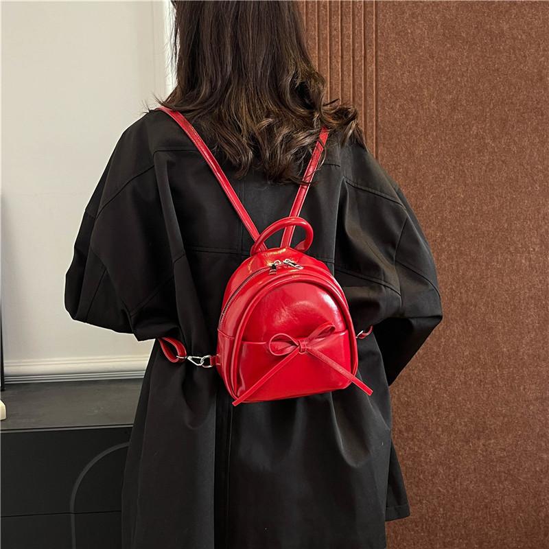 Cute Bow Solid Zipper Pu Backpack Women'S Simple Waterproof Bag Large Capacity Travel Backpack Girly Student School Bags