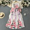 French Chic Dress for Women V-neck Plant Printed Lantern Sleeve Pleated Long Dresses Autumn Dress Female A-line