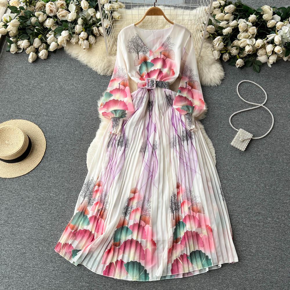 French Chic Dress for Women V-neck Plant Printed Lantern Sleeve Pleated Long Dresses Autumn Dress Female A-line