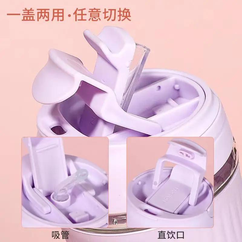 Стеклянная чашка для воды Портативная чашка для чая Молочная кофейная чашка для подарка Женская милая стеклянная чашка для напитков с крышкой и соломинкой Двойные чашки для питьевой воды