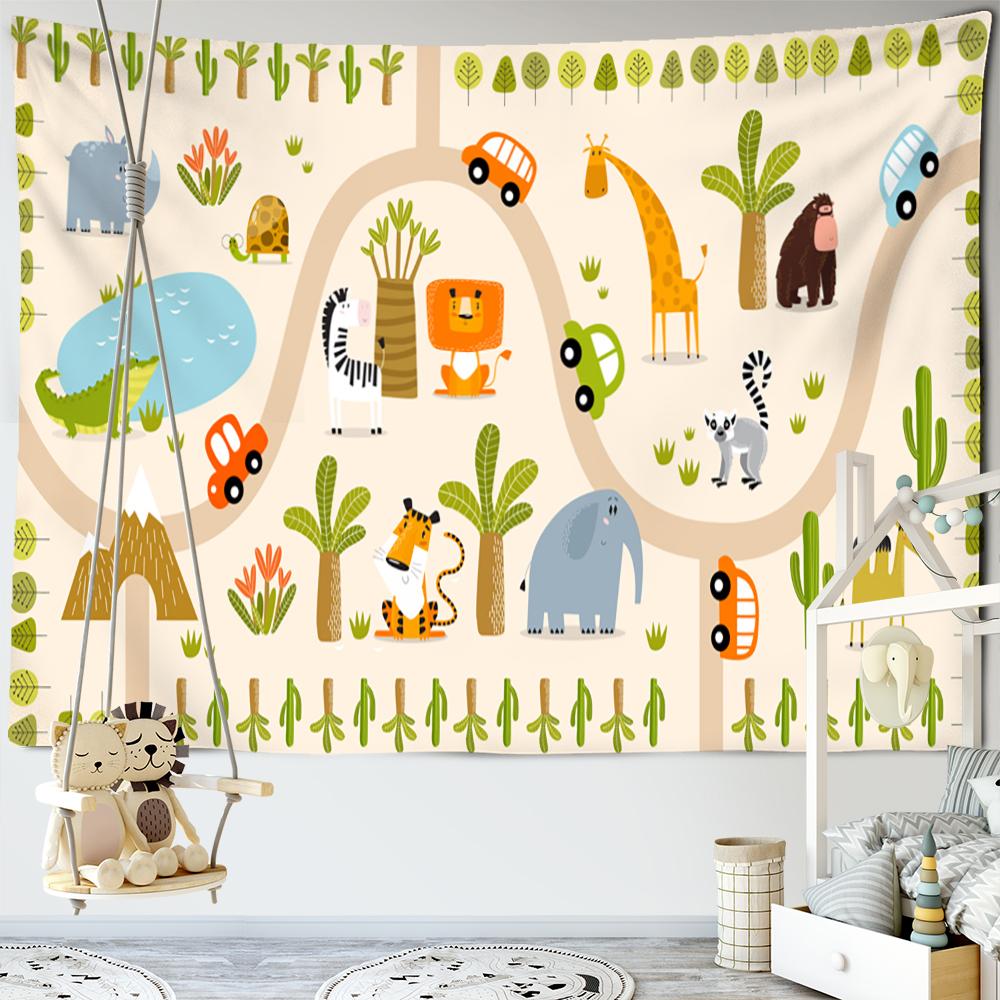 Гобелен с мультяшным поездом и животными, настенный гобелен Kawaii, милый бохо-арт, минималистичный хиппи для девочек, общежитие, декор для детской комнаты, ткань