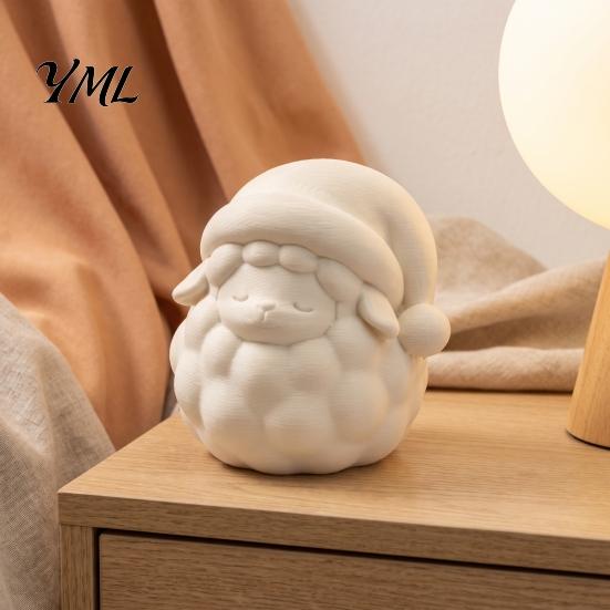 Cute Lamb Desktop Ornaments 3D Printed Good Night Sheep Figurine, Sleepy Statue with White Animal Figurines Santa Hat, DIY Paintable Decor Ornament