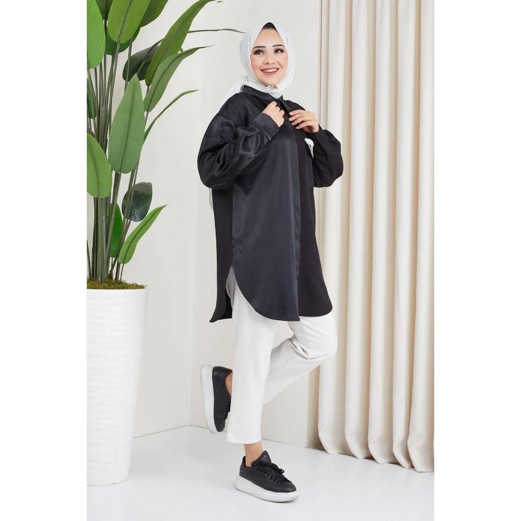 THE RAREBELL Stone Embroidered Hijab Shirt Made of Half Satin and Half Crepe