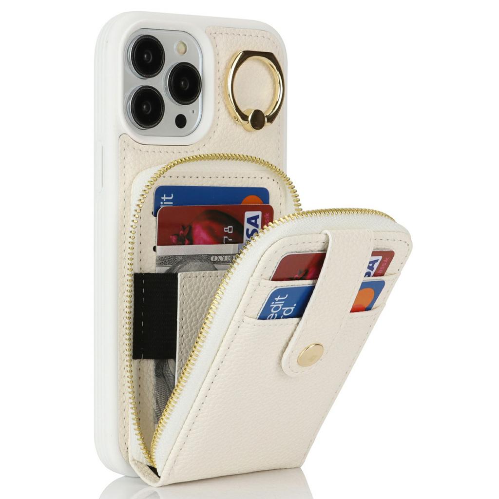 For iPhone 13 Pro Max/12 Pro Max Case with Zipper Pouch/Ring Kickstand/Strap Litchi Texture PU + TPU Phone Cover