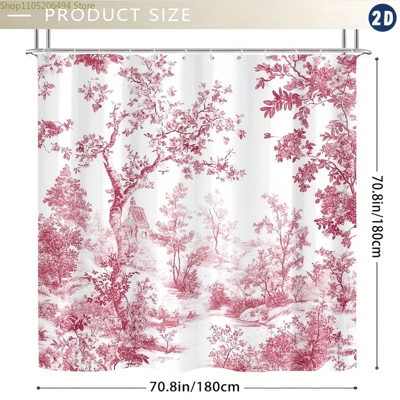 1 шт. Французская шторка для душа Toile De Jouy с вишневым цветением - Розовый цветочный узор с клетчатыми крючками, Прочный, поддающийся машинной стирке, Комплект