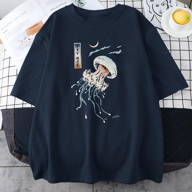 Swimming Colorful Jellyfish Print Mens Short Sleeve Japanese Harajuku O-Neck Tops All-math Oversize Vintage Man Cotton T-Shirts