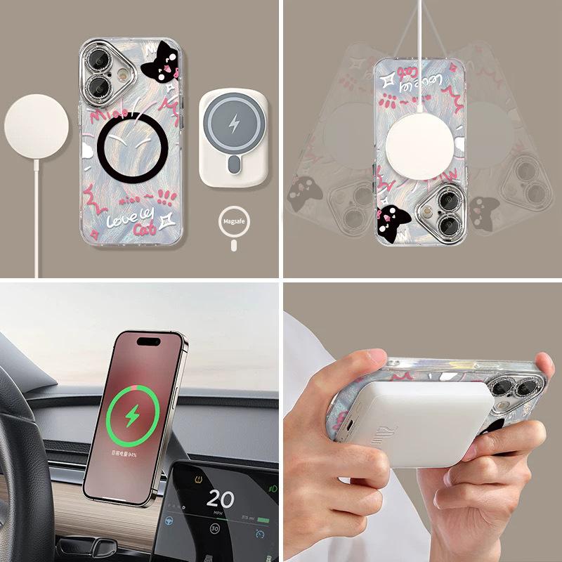 Cute Cat Magnetic Stand, Suitable for Apple 16, Chiffon Phone Case 15, Pro Max High-end Feel 14, Bracelet 13
