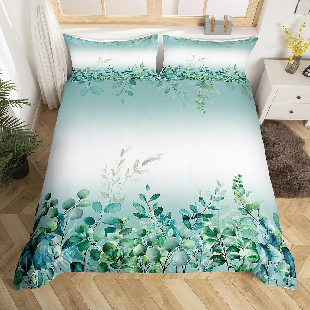 Sage Green Botanical Comforter Cover Eucalyptus Leaves Duvet Cover Spring Watercolor Plants Bedding Set Rustic Farmhouse Bed Set