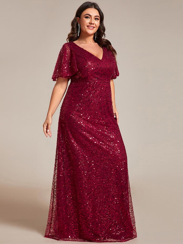 Ever-Pretty Women's Plus Size Shiny Sequin V-Neck A-Line Evening Dresses with Ruffles Sleeves