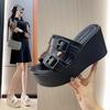 2025 New Outdoor Thick Soled Sandals Women Round Head Wedge Slippers Solid Color Platform Double Buckle Large Size Beach Slides