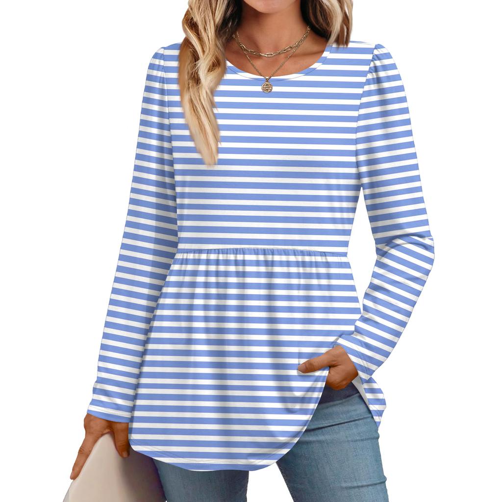 Women's Casual Fashion Long Sleeve Shirt Striped Tunic Top