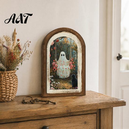 Retro Halloween Room Decor Ghost/Witch Arched Wall Decor, Cute Ghost Table Sign, Rustic Farmhouse Shelf Wooden Sign Decorative Hanging Art for Mantel