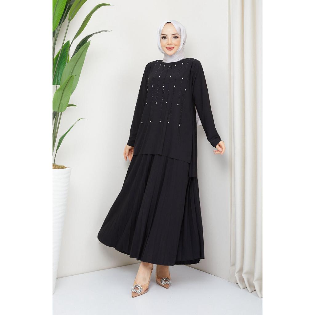 Women's Black Sandy Front Stone Embroidered Blouse Skirt Pleated Double Hijab Skirt Set