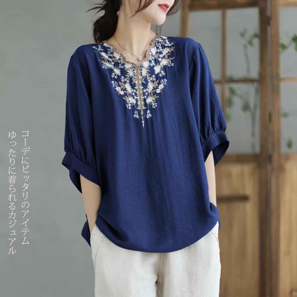 Short Sleeve Blouse with Floral Loose Formal Fashion for [POGCZMKK] Women's T-Shirt V-Neck Embroidery, Slimming, Fit, Figure-Flattering, Stylish,