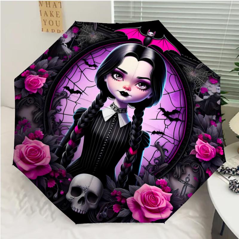 Wednesday Addams Print Automatic Umbrella, 8 Rib Iron Frame, Plastic Handle, Suitable for Outdoor Travel &Daily , Ideal Gift