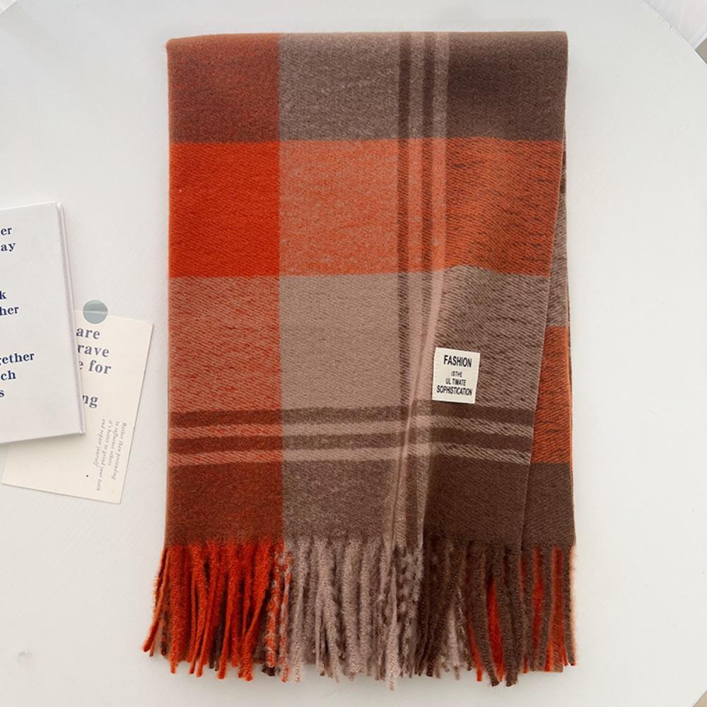 Long Tessel Plaid Wool Scarf Thicken Men Scarf Simple Winter Cashmere Scarf Female