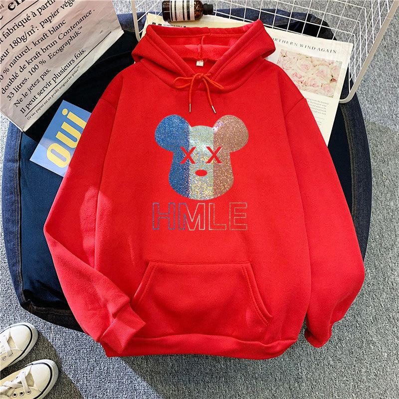 Зима-осень женская мода с мультяшным принтом и капюшоном, свободная бархатная теплая толстовка