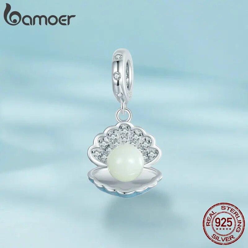 Bamoer 925 Sterling Silver Glow-in-the-dark Shell/Moon Cat/Star Wishing Bottle Pendant Luminous Ocean Charms for Bracelet