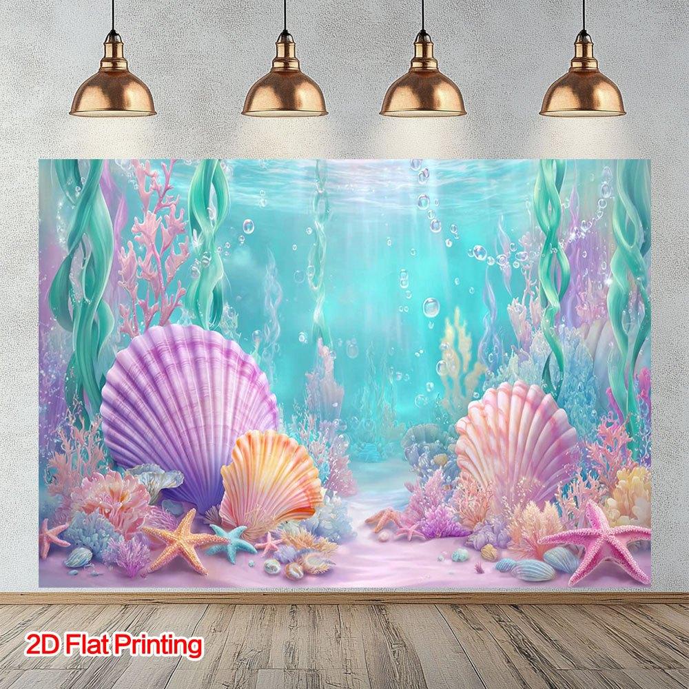 One 2D flat-printed underwater marine shell art photography background made of polyester fabric.