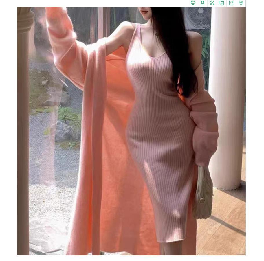 2024 Women's V-Neck Long Knitted Cardigan & Strap Dress Set