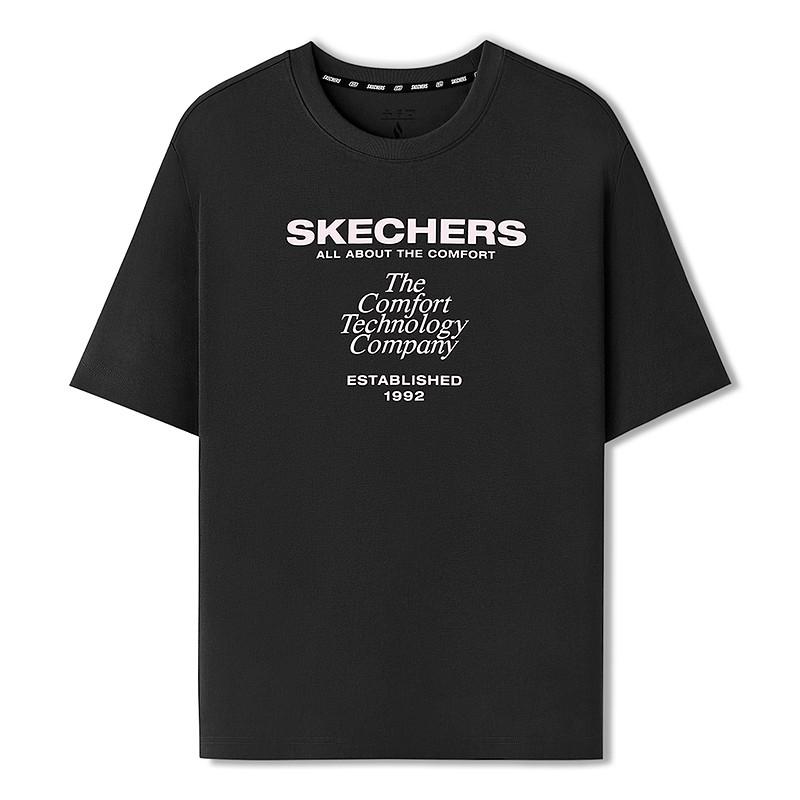 Skechers Удобная свободная дышащая футболка с принтом, коротким рукавом и спущенной линией плеча, женские топы, угольно-черный L225W160-0018