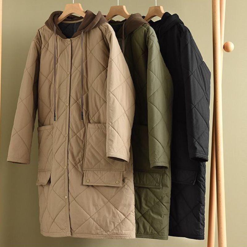 Осеннее винтажное пальто большого размера с капюшоном в виде ромба, женская зимняя новая хлопковая куртка, свободная повседневная куртка средней длины с контрастными цветами и подкладкой из хлопка