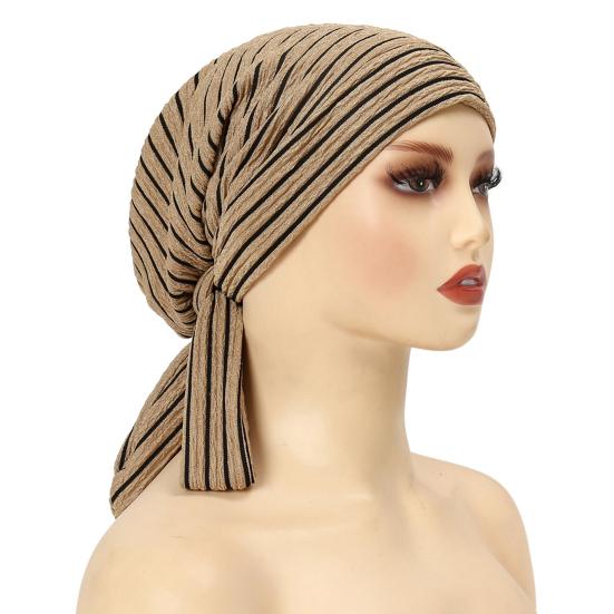 Women Headscarf Hat Striped Print Lace-up Turban Hat Hair Loss Chemotherapy Headwear Full Coverage Head Wrap