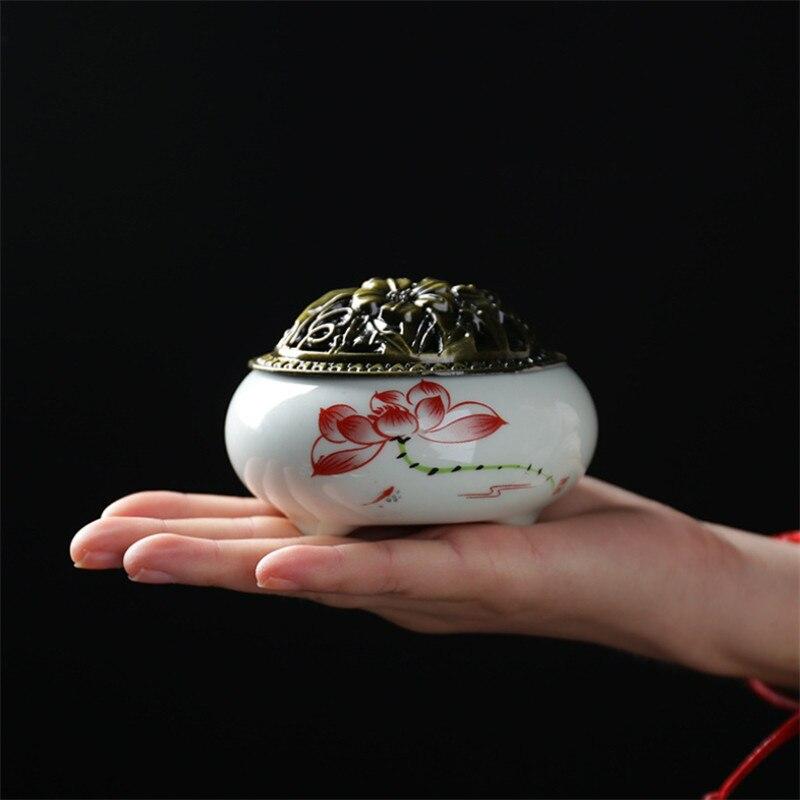 Керамическая спиральная курильница для домашнего декора, ремесла, башня, ароматическая курильница с медной крышкой, держатель для благовоний Будды