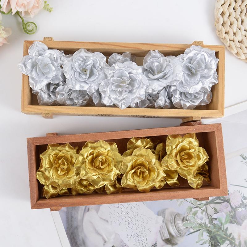 10 шт. Золотой Серебряный Искусственная Роза Шелковый Цветок Голова Сделай Сам Аксессуары для Скрапбукинга Искусственный Цветок Свадебная Вечеринка Домашнее Украшение