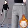 Autumn Winter Women's Thick Fleece Solid Color Pants Office Lady Casual Fashion Female Pockets Elastic High Waist Trousers