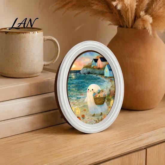 Halloween Home Decor Set Ghost Oval Photo Frame, Cute Table Sign, Decorative Framed Solid Wood Frame Picture, Creative Wall Art for Mantel Living Room