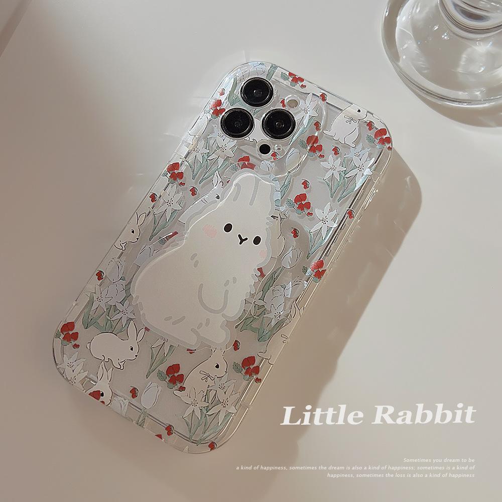 Korean-style floral rabbit design applicable iphone13Apple14Phone case11Cute girl15pro max Bracket16Transparent