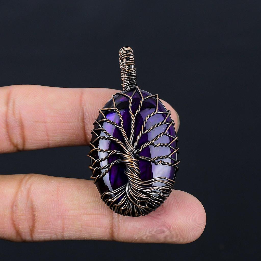 Древо Жизни Фиолетовый Флэш Лабрадорит Драгоценный Камень Чистая Медная Проволока Обернутая Ювелирные Изделия Ручной Работы Подвеска