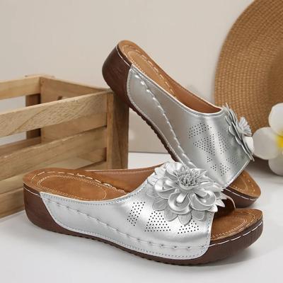 Большого размера сандалии на толстом каблуке с вырезами в юго-восточном стиле, женские сандалии с перекрещенным носком, на платформе с цветком, пляжные тапочки, шлепанцы с открытым носком