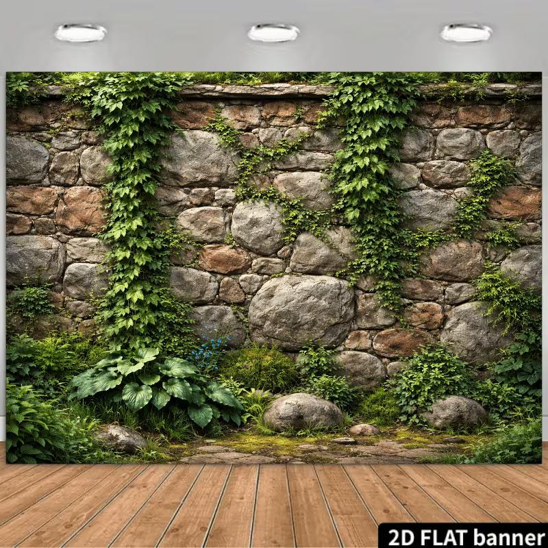 2D Фон со стеной из натурального камня, покрытой плющом, Пышный Сад Фотофон