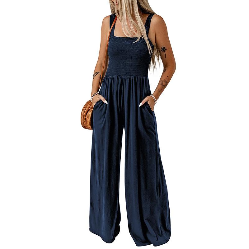 Women's Basic Simple High Waisted Knit Strapless Wide Leg Pants Pure Black One-piece Pants