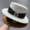 Fashion temperament Light luxury flat top hat Women's retro high-end woolen rhinestone top hat Jazz hat