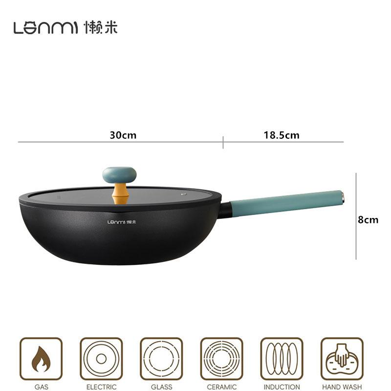 Lanmi Non Stick Wok Pan with Lid Titanium Ceramic Pan Aluminum Alloy Stir-fry Pan Flat Bottom Pow Wok Pan For All Stovetops LM02