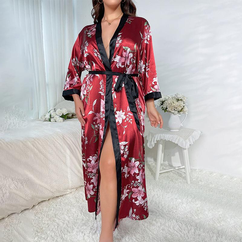 Plus Size Nightgown Fashion Casual Loose Printed Long Simulation Silk Sexy Sleeping Robe