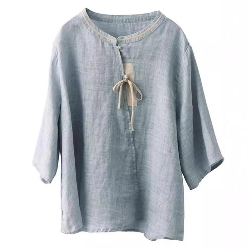 Johnature Women Vintage Shirts Tops Stand Half Sleeve Blouses Summer Button Chinese Style Loose Shirts