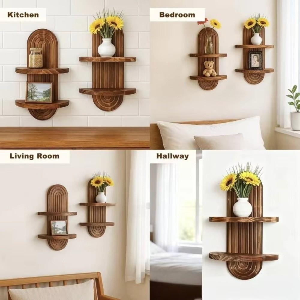 Oval Threaded Arched Floating Shelf Natural Artistic Wooden Stand Boho Style Rack  Plant Decorative