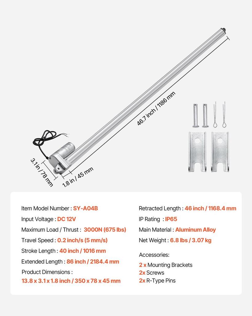12V Linear Actuator, 1016mm Stroke IP65 Waterproof Linear Actuator, 3000N 5mm/s Motion Actuators with Mounting Bracket for Solar Trackers, Industrial
