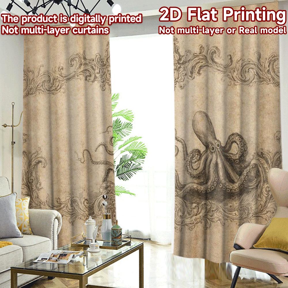 2D FLAT PRINTING 2pcs Curtains (Without Rod) Intricate Octopus Sketch Modern Curtains&Window Treatment Prints Light Filtering