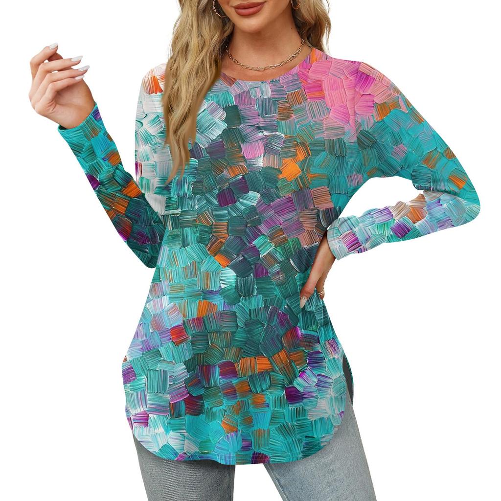 Женская рубашка с длинными рукавами, круглым вырезом и боковым разрезом, винтажный повседневный топ с цветочным принтом и листьями