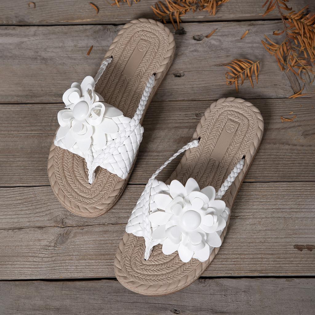 Fashion Summer Floral Braided Flat Slippers Classics Solid PU Leather Women Non Slip Flip Flops Soft Comfortable Beach Sandals Femme