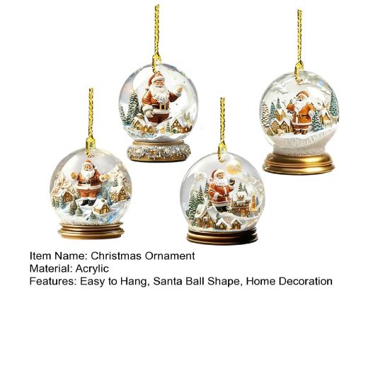 4Pcs Christmas Santa Glass Ball Ornament Winter Holiday Party Xmas Tree Hanging 2D Acrylic Santa Claus Snow House Ball Decoration