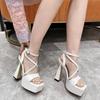 Fashion Sexy/Club Peep Toe Platform Womens Super High Heels Sandals Square Head Narrowband Buckle Strap Party Wedding Shoes White