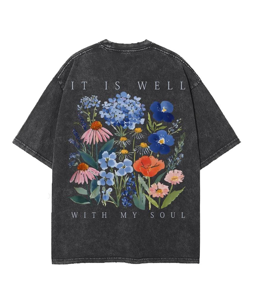It Is Well With Soul Watercolor Wildflower Blue Hydrangea Chest Print Vintage Washed T‑Shirt Unisex Oversized Short Sleeve Tops